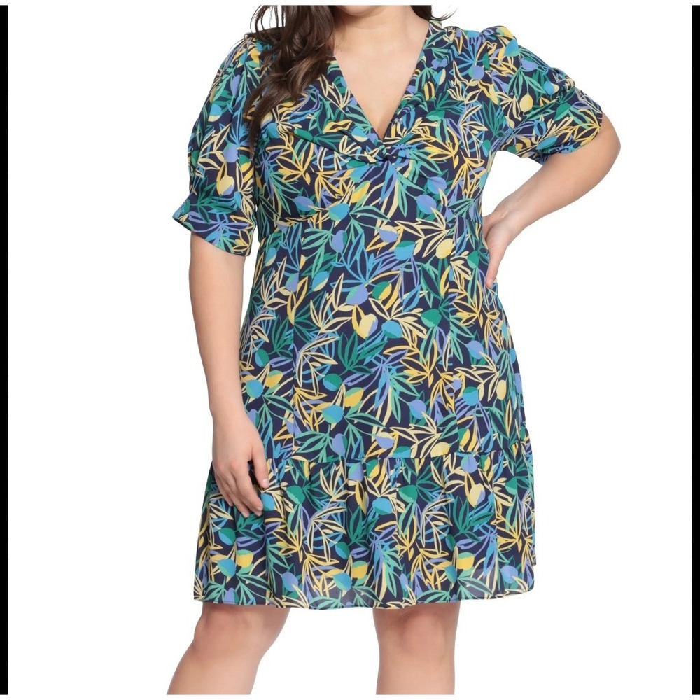 Donna Morgan Plus Size 16W Navy‎ Blue Yellow Floral Cassual Party Fit Flare